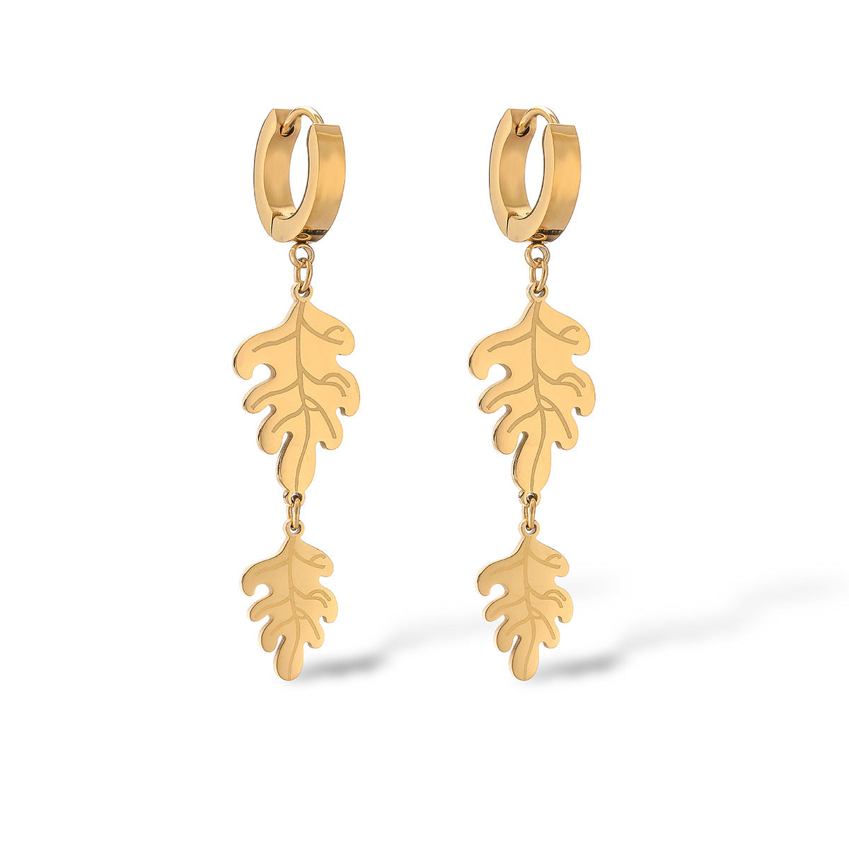 Minimalist Leaf-Shaped Titanium Steel Earrings for Women with Real Gold Plating, Fashionable and Versatile Ear Jewelry