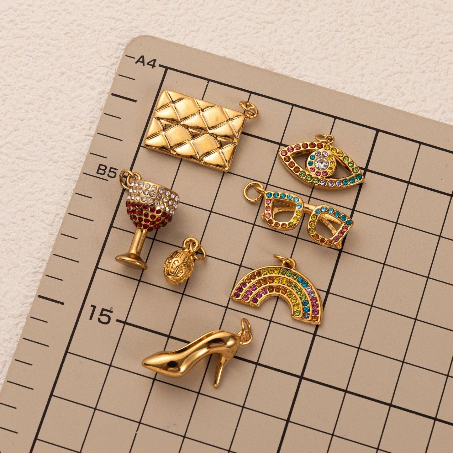 18K Gold Plated Titanium Steel Geometric Rhinestone Inlaid Pendant Charm Bar for Women