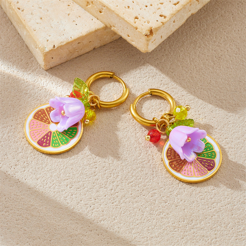 Sweet Cartoon Round Plated Stainless Steel Earrings with Lemon and Flower Pattern