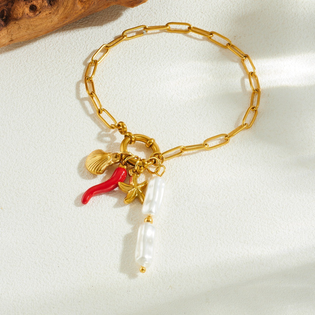 Minimalist Sweet Gold Plated Stainless Steel Starfish Shell Pearl Charm Bar Bracelet