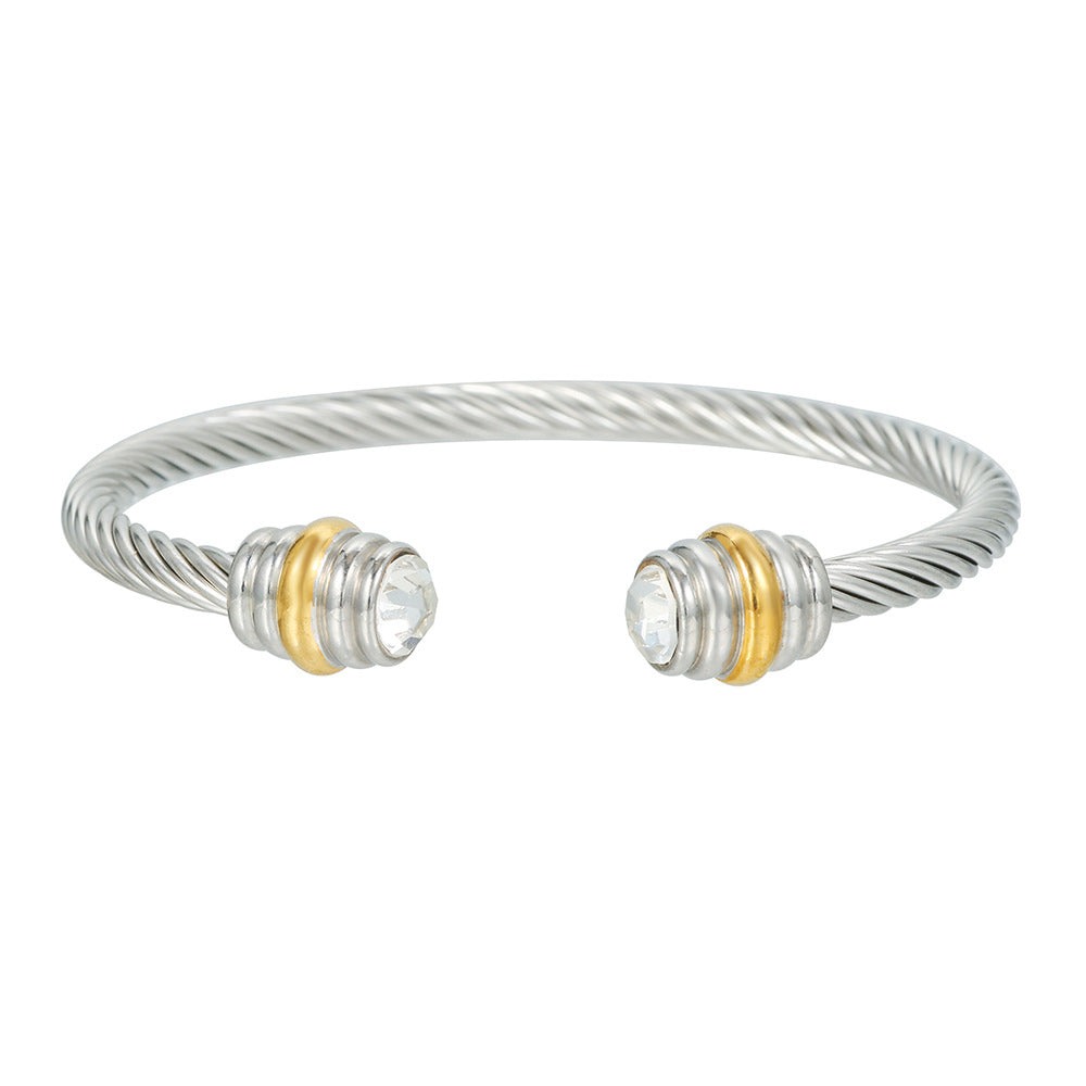 Fashion Two-Tone Geometric Round Twisted Rope Cuff Bracelet Titanium Steel Adjustable Open Bangle for Women and Men