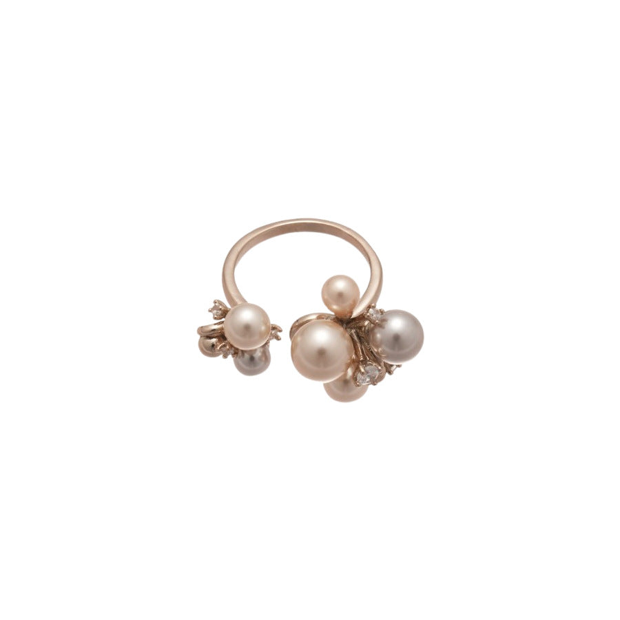 Anello Elegante Retrò Francese di Lusso Leggero con Perla Simulato e Intarsio di Zirconi, Design Geometrico Rotondo da Donna