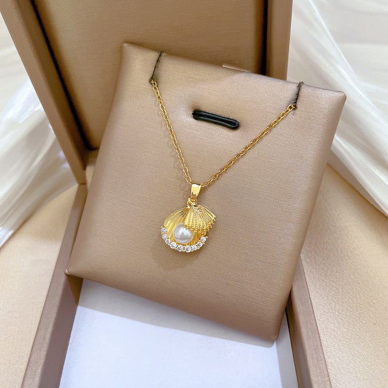 Sweet Elegant Geometric Moon Titanium Steel Necklace with Pearl Shell and Rhinestone Plated Cable Chain for Unisex