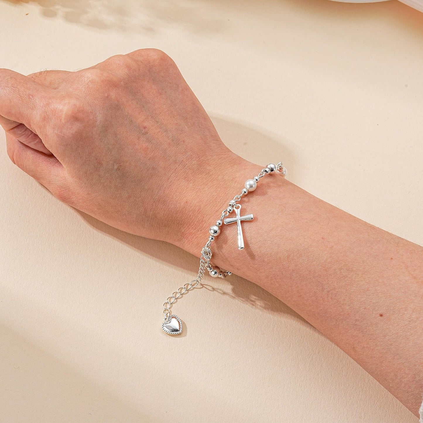 Vintage Elegant Cross Pearl Plated Stainless Steel Bracelet for Women