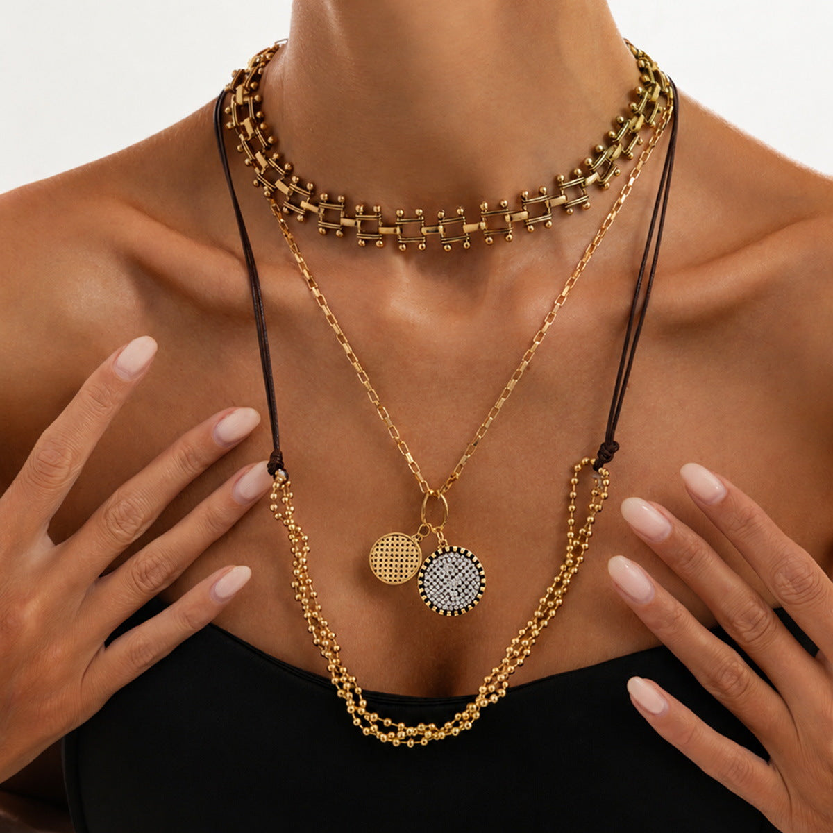 Vintage Punk Geometric Round Zinc Alloy Pendant Plated Iron Multi-layer Necklace for Women