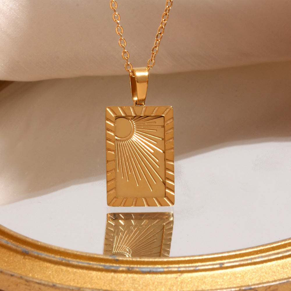 Minimalist Geometric Sun Pendant Necklace for Women in Stainless Steel with 18K Gold Plating and Engraved Detail