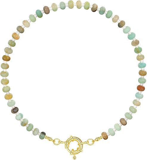 Sweet 8mm Natural Stone Bead Necklace Stainless Steel Geometric Round Ball Chain for Women