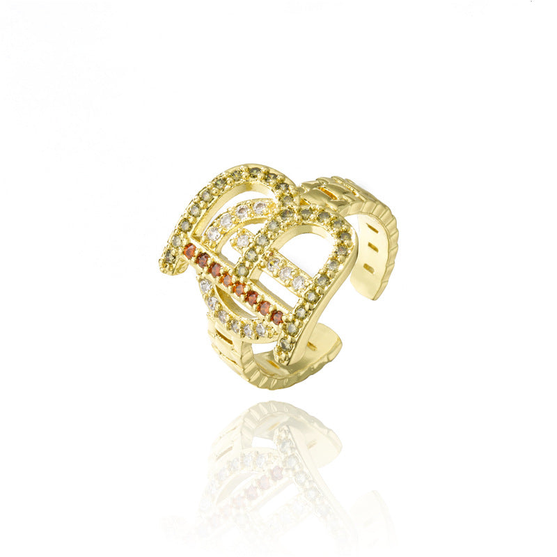 Hip-hop Punk Streetwear 18K Gold Plated Brass Micro-inlaid Geometric Open Ring