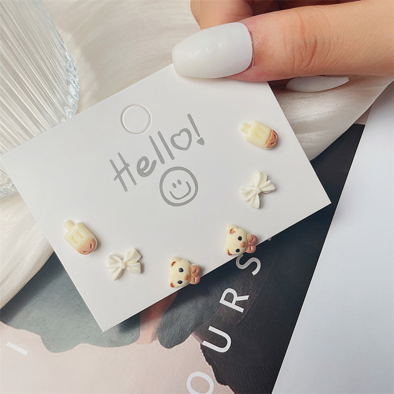 Sweet Color Block Drip Oil Sterling Silver Bear Heart Geometric Stud Earrings for Women
