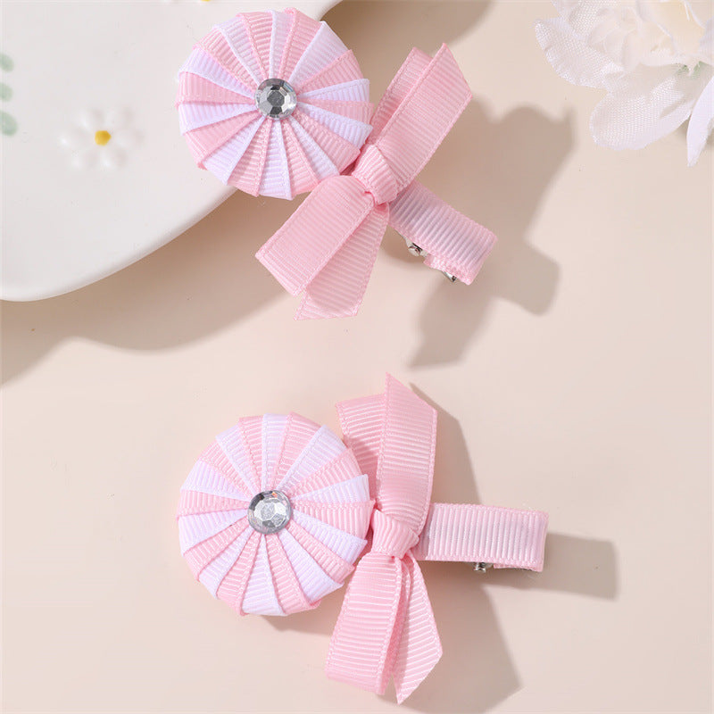 Cute Pink Candy-Themed Hair Clip for Girls with Bow Shape Fabric Construction and Ruffled Mesh Detail