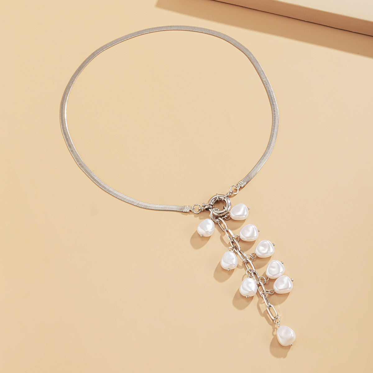 Vintage Baroque Geometric Faux Pearl Tassel Necklace Plated Snake Chain Women's Jewelry