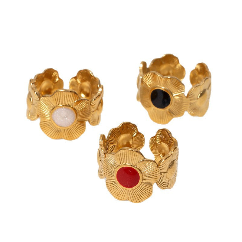 Anello aperto regolabile da donna a forma di fiore di crisantemo, in acciaio inossidabile placcato oro 18 carati, stile minimalista