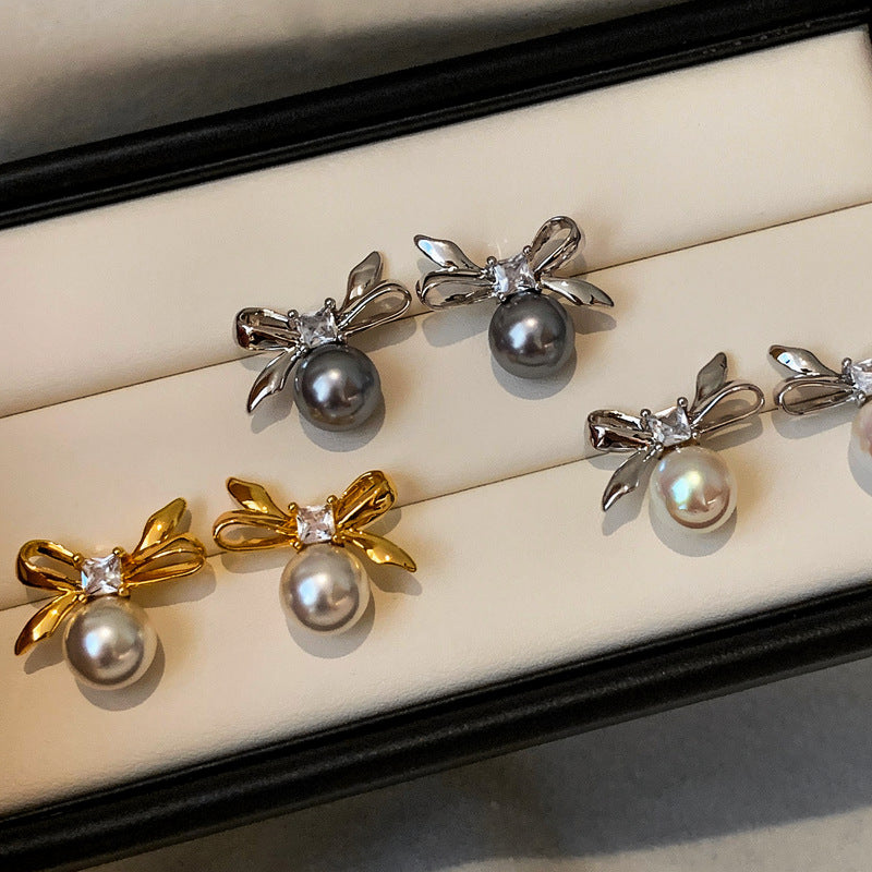 Orecchini a perno con fiocco di strass e perle con perni in acciaio placcato da donna, gioielli per orecchie vintage alla moda, minimalisti ed eleganti di lusso