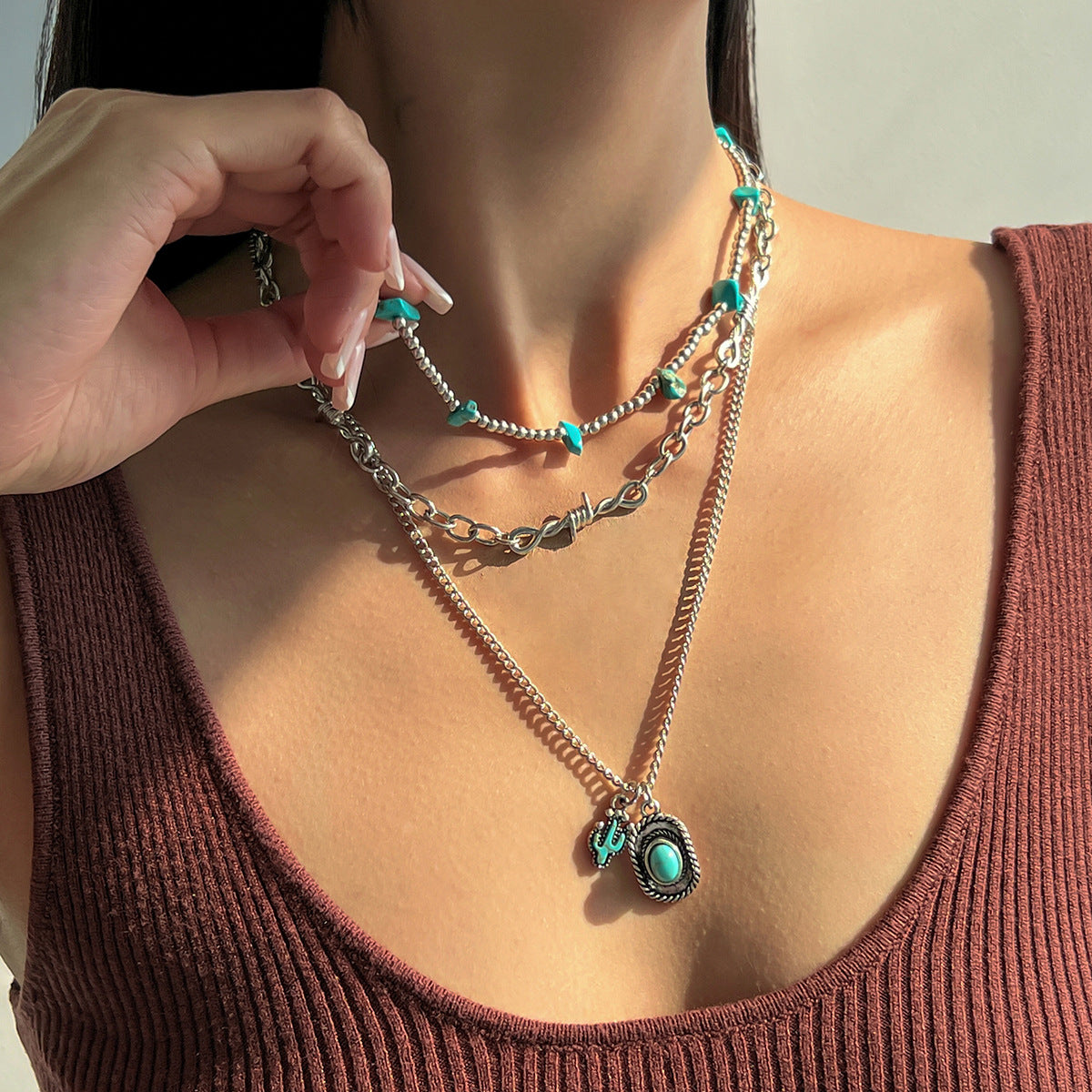 Vintage Bohemian Turquoise Cactus Pendant Alloy Plated Necklace for Women