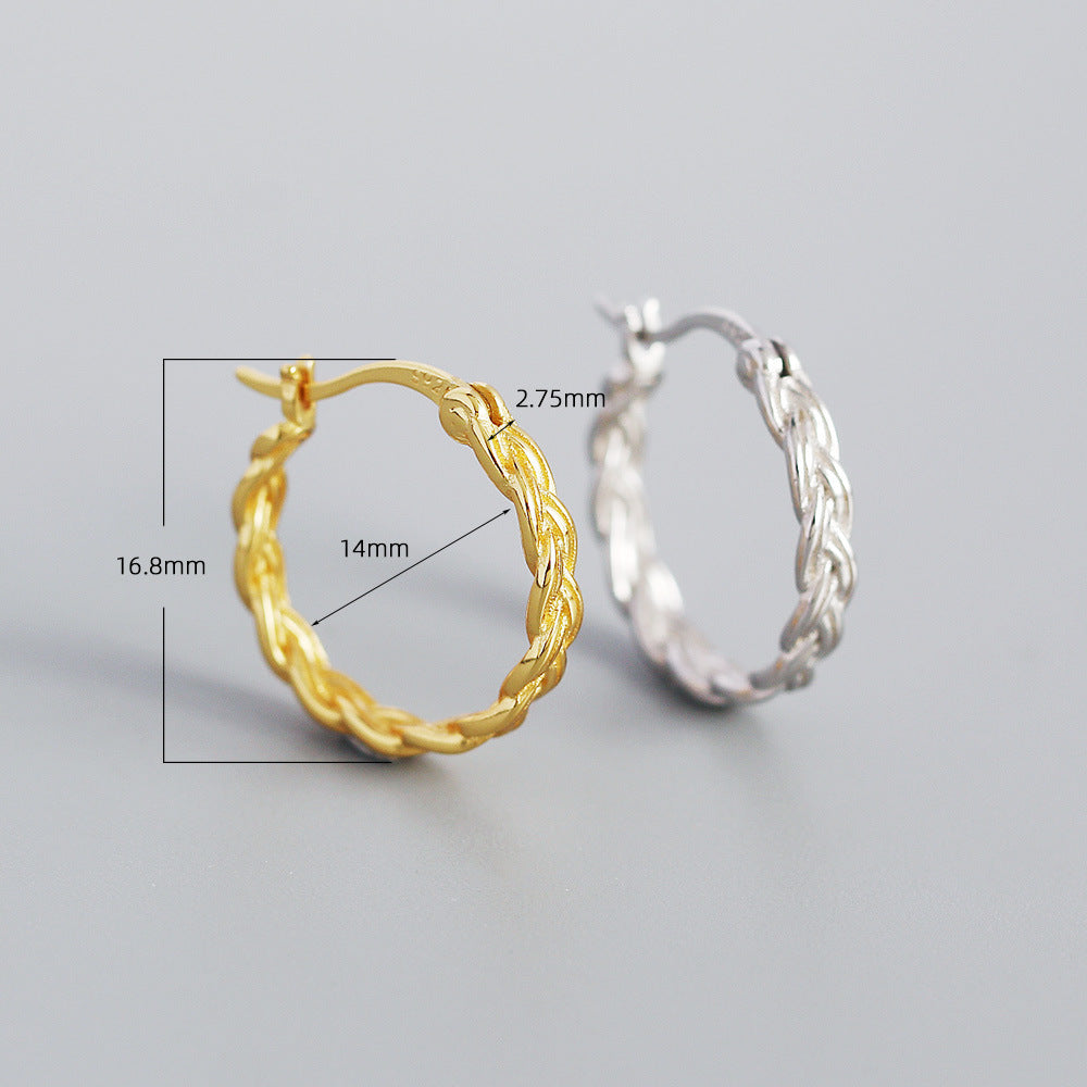 Minimalist Vintage 925 Sterling Silver Geometric Woven Hoop Earrings for Women