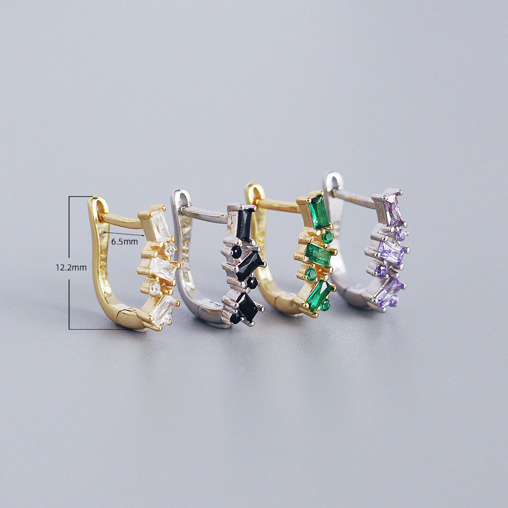 Vintage Minimalist 925 Sterling Silver Geometric U-Shaped Hoop Earrings with Cubic Zirconia for Women