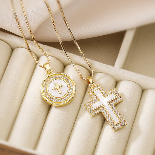 Vintage Minimalist 18K Gold Plated Brass Cross Pendant Necklace with Cubic Zirconia for Women