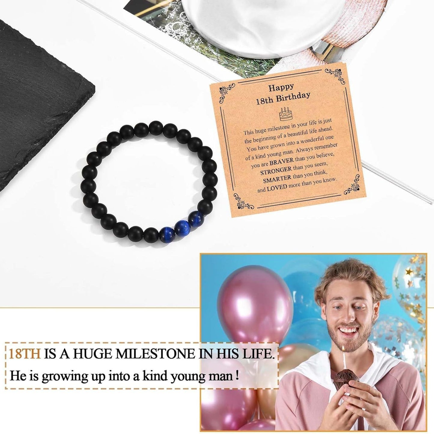 Geometric Blue Tiger Eye and Black Agate Beaded Bracelet for Men and Women