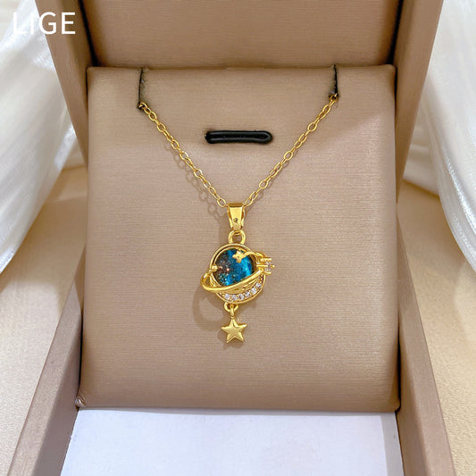 Geometric Moon Galaxy Starry Sky Stainless Steel Necklace for Women with Full Rhinestone Accents and Delicate Clavicle Chain