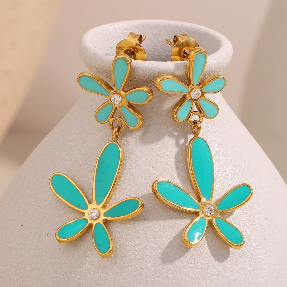 Minimalist Fresh Botanical Stainless Steel Earrings with 18K Gold Plating and Enamel Grass Design for Women