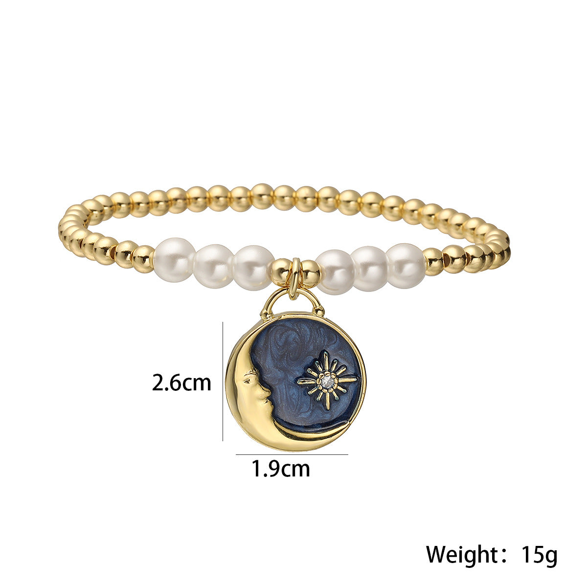 Pulsera de Cobre con Colgante de Sol, Luna, Aceite Caído, Circones y Baño de Oro de 18K para Mujer