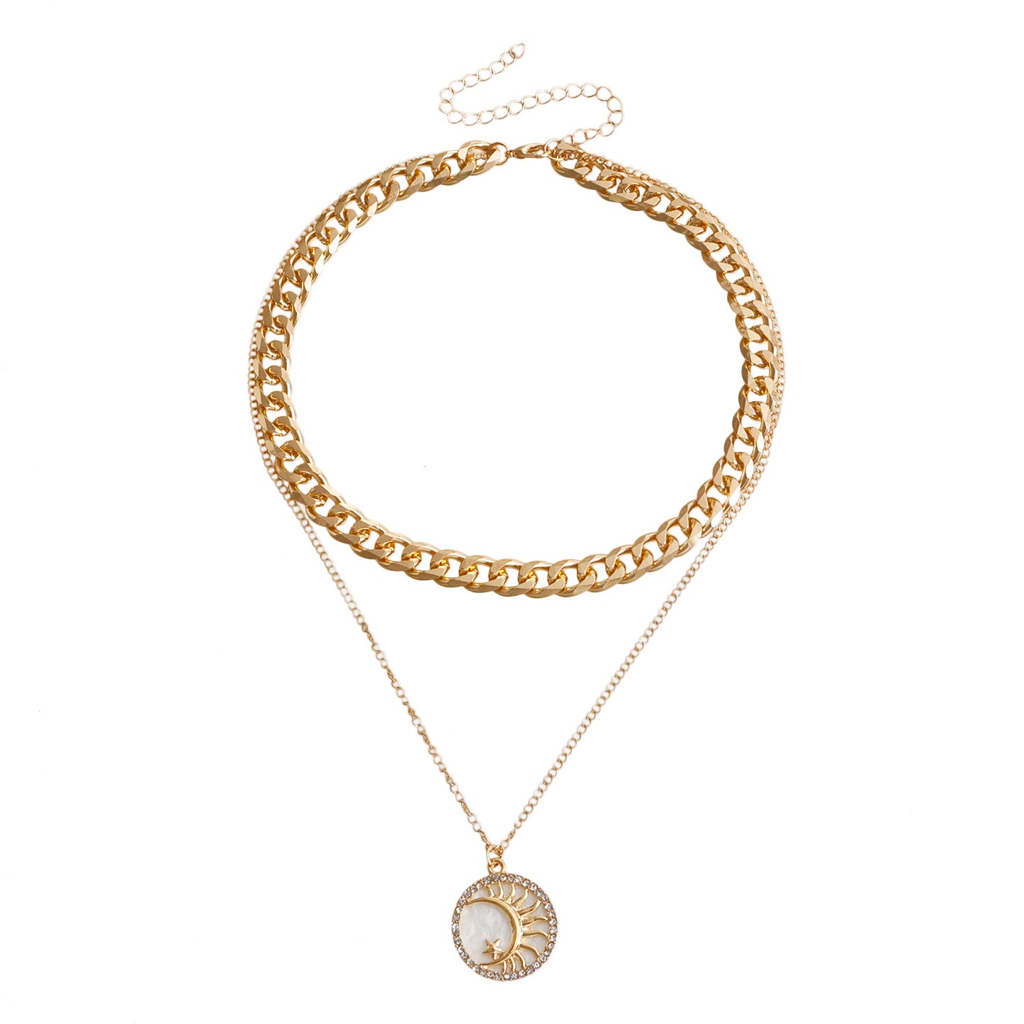 Geometric Moon Shape Alloy Pendant Necklace with Rhinestone Inlay on Thick Aluminum Layered Chain for Women
