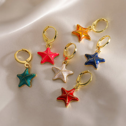 Minimalist Star-shaped Enamel Copper Earrings for Women with 18K Gold Plating