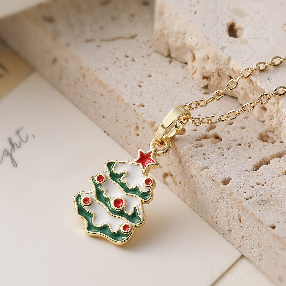 Casual Geometric Drip Oil Gold Plated Brass Christmas Tree Pendant Necklace for Women