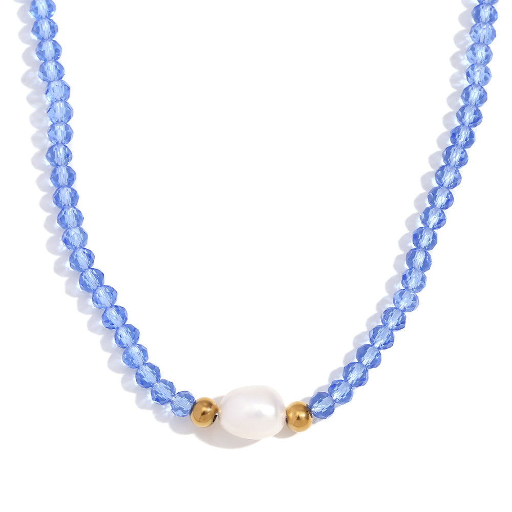 Minimalist Geometric Stainless Steel Pendant Necklace with Freshwater Pearl and Blue Crystal Beads for Women