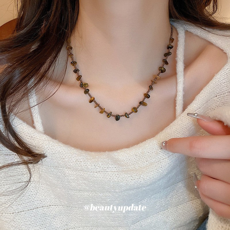 Collana con Ciondolo Vintage a Occhio di Tigre Geometrico Placcata Oro 18K Lunga per Maglione da Donna