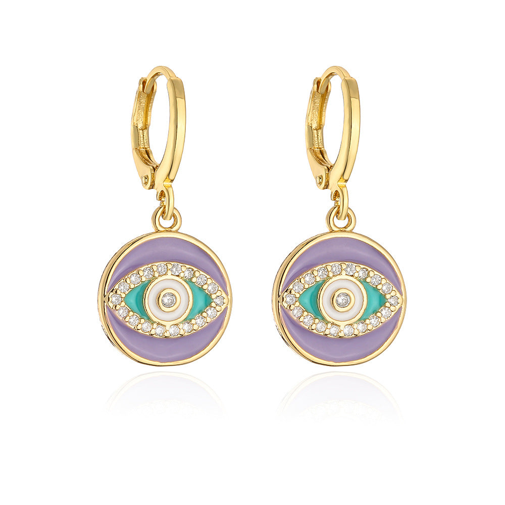Orecchini da donna in rame in stile bohémien con placcatura in oro 18 carati e design a occhio di Allah geometrico smaltato in zirconia