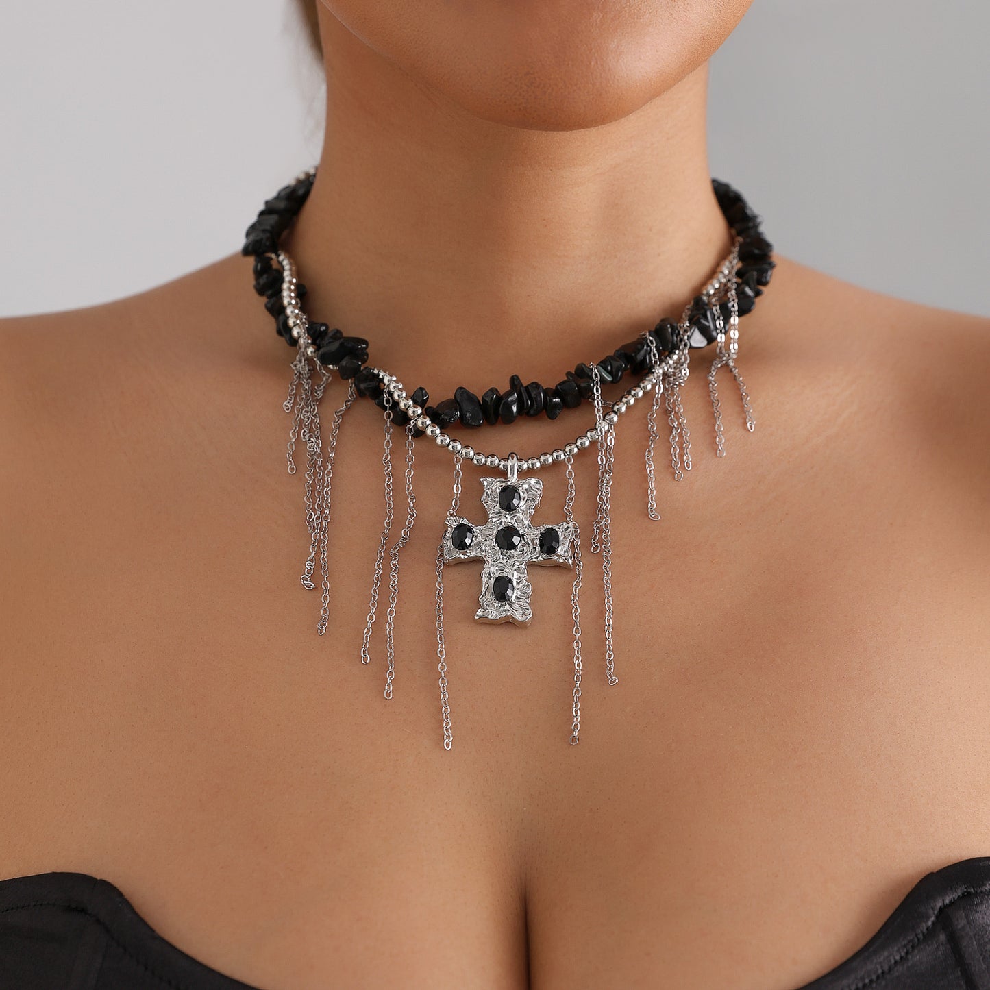 Gothic Streetwear Cross Geometric Alloy Plated Necklace with Black Stone Tassel for Women