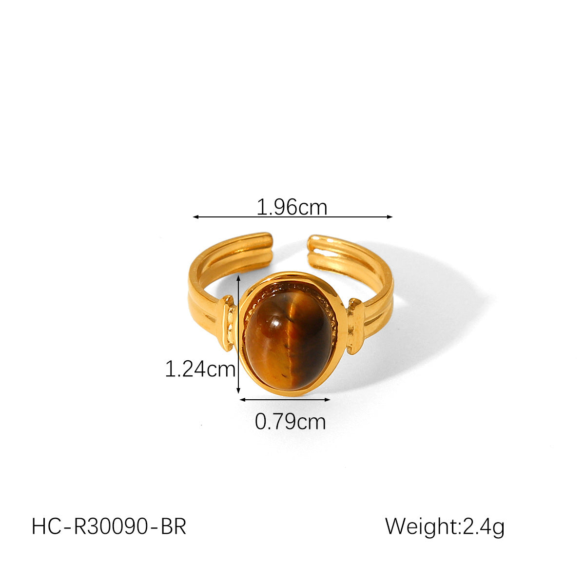 Anello Regolabile da Donna in Acciaio al Titanio Stile Corte Francese Vintage con Intarsio in Pietra Occhio di Tigre e Finitura Elettroplaccata