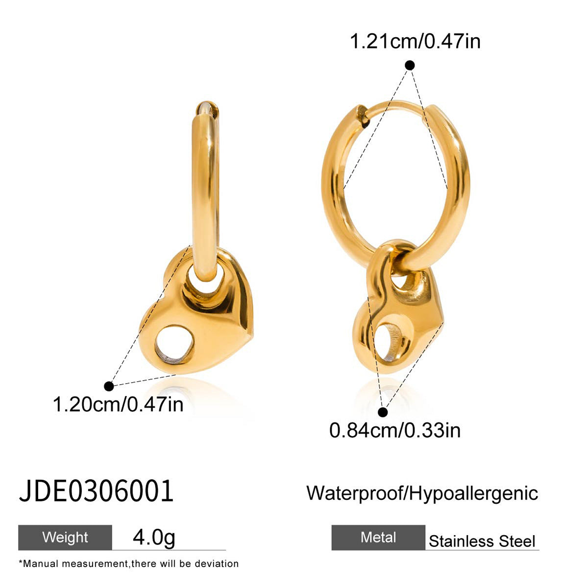 Set di bracciale in acciaio al titanio con chiusura a naso di maiale a forma di cuore chic e orecchini a cerchio in acciaio inossidabile per donna