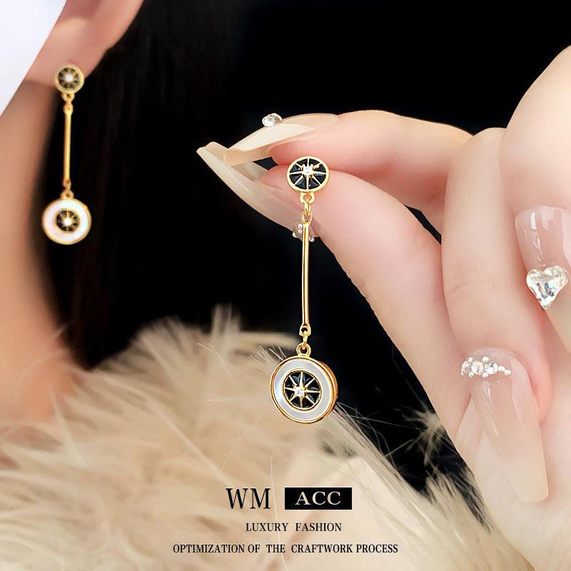 Vintage-Style Geometric Mother-of-Pearl and Zircon Round Earrings with Gold-Plated Copper Base and Stainless Steel Posts