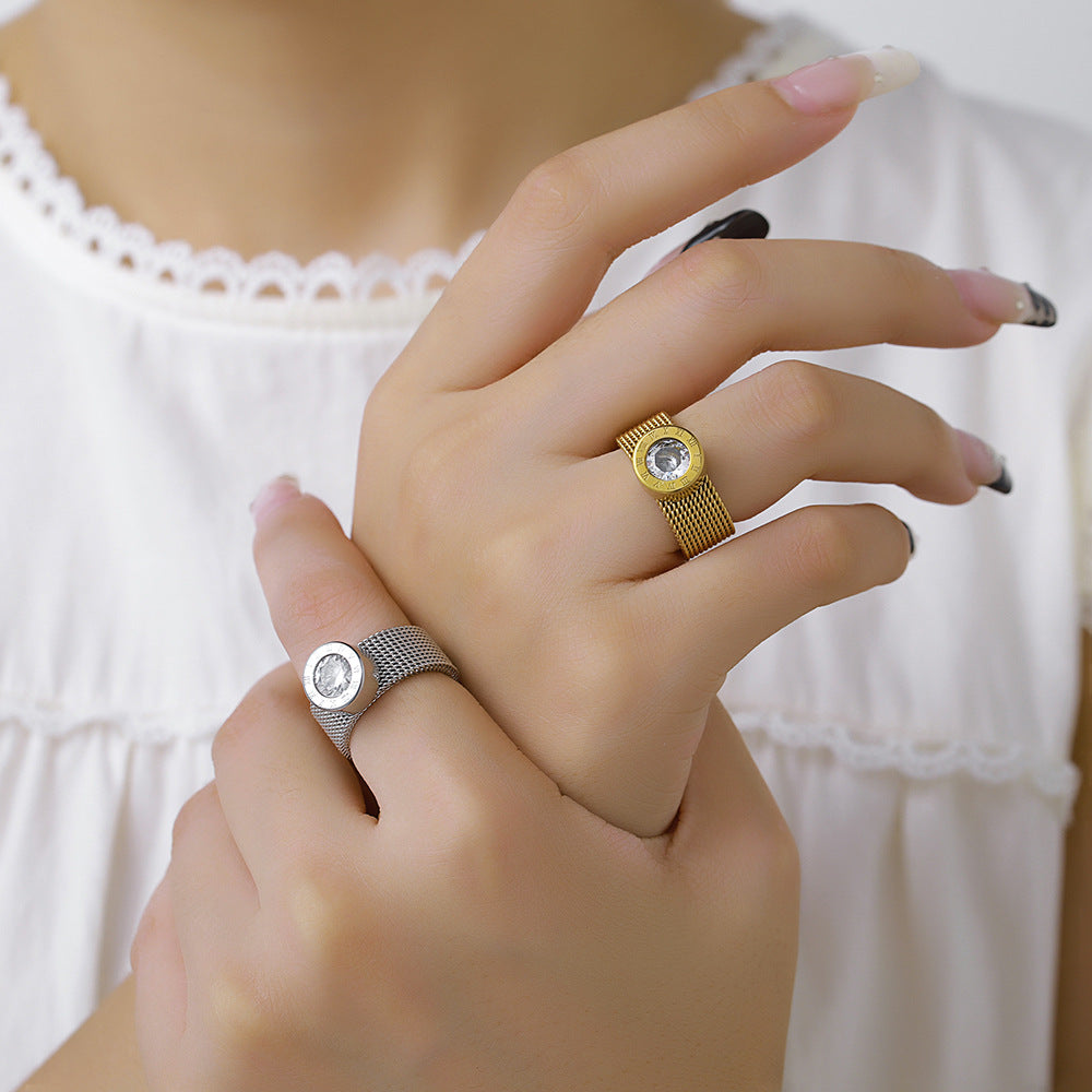Vintage Geometric Round Rhinestone Inlay Plated Stainless Steel Ring