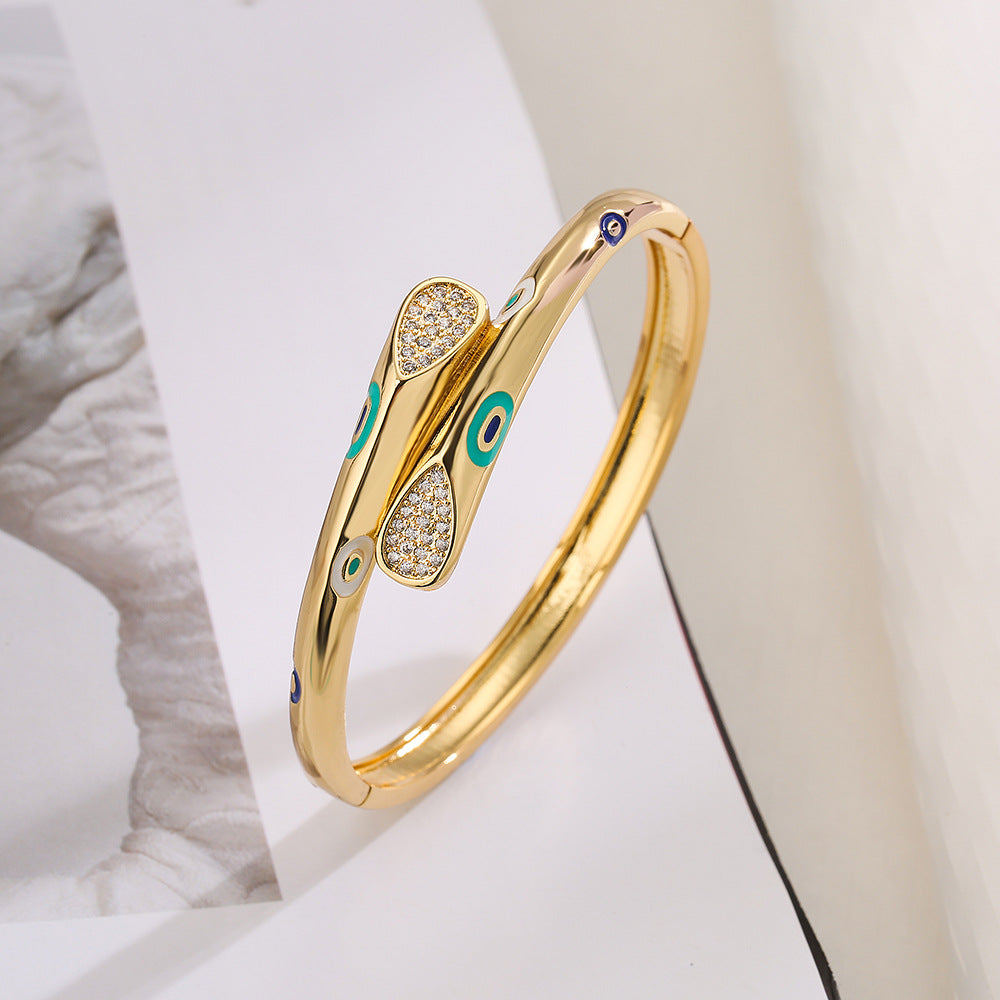 Minimalist Geometric Open Bangle Bracelet for Women Made of Brass with Real Gold Plating and Micro-Pave Setting