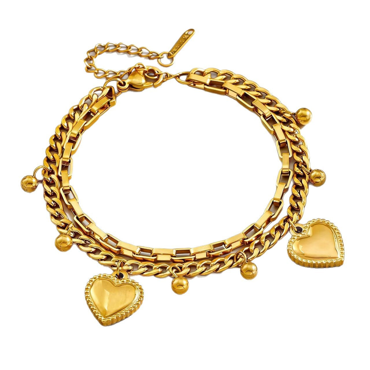 Elegant 18K Gold Plated Heart Stainless Steel Double Layer Bracelet for Women