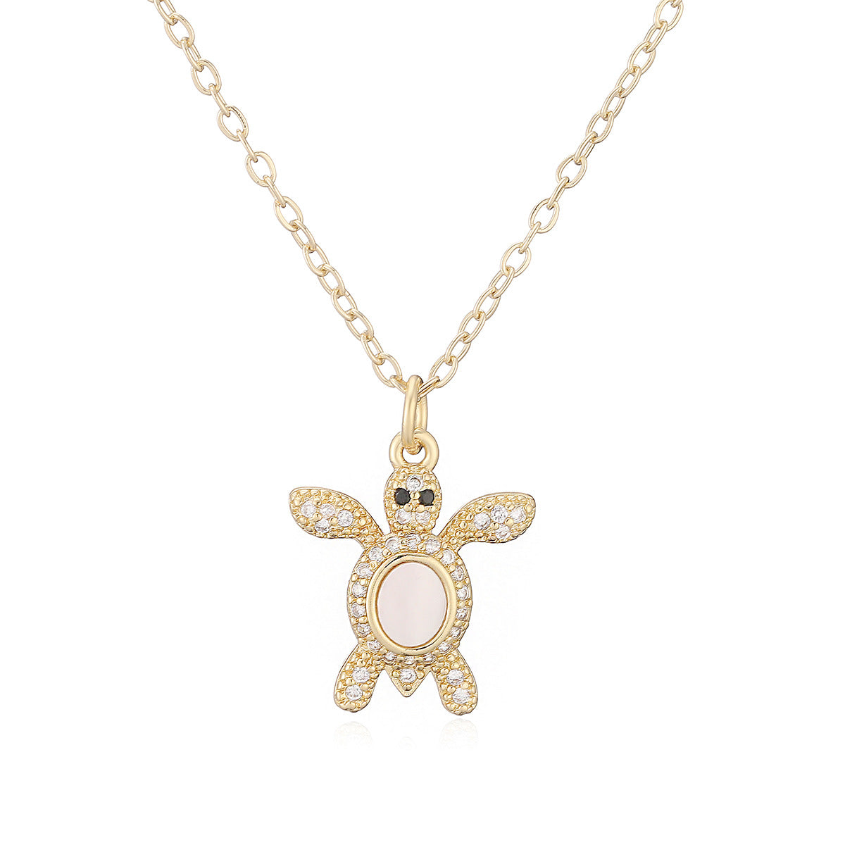Minimalist 18K Gold Plated Brass Micro-inlay Cubic Zirconia White Shell Turtle Pendant Necklace for Women