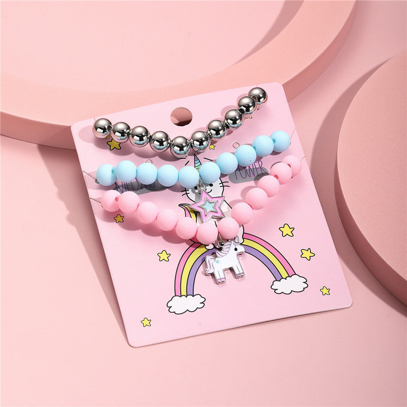 Cute Candy-Colored Beaded Bracelet with Cartoon Unicorn Pendant for Girls Children Sweet Animal-Shaped Resin Plastic Jewelry Set
