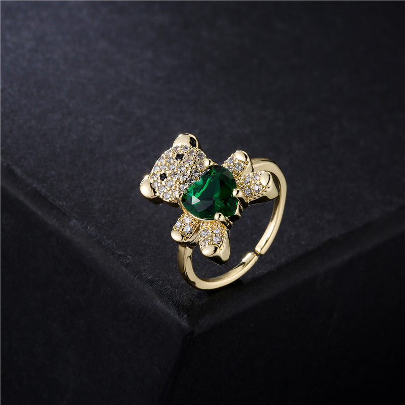 INS Style Adjustable Open Ring with Bear and Heart Motif in Copper with Micro-Pave Setting