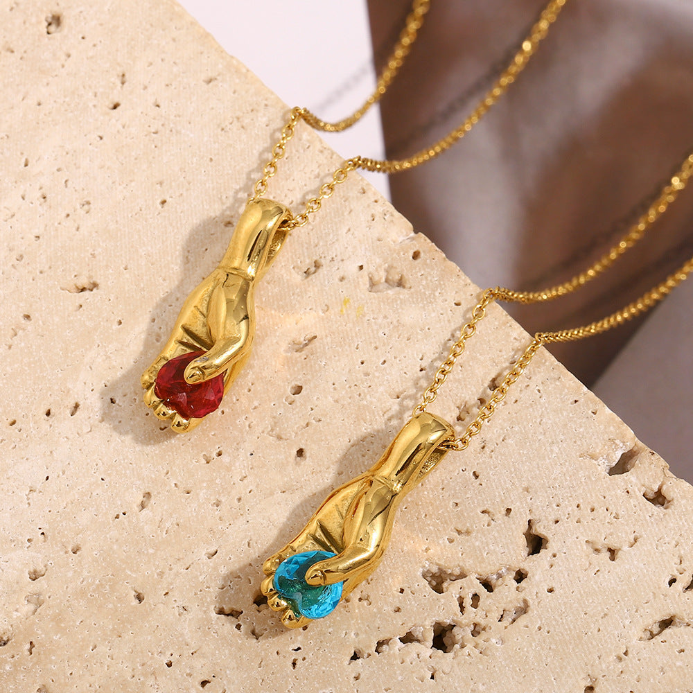 Minimalist Geometric Pendant Necklace in Stainless Steel with 18K Gold Plating and Hand-Held Gemstone Design for Women