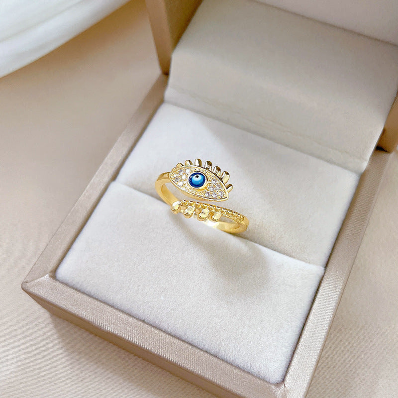 Minimalist Sweet Gold Plated Brass Eye Ring with Rhinestones Adjustable Open Band for Couples