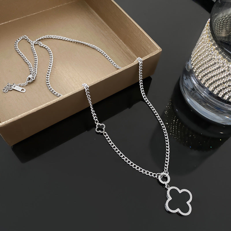 Layered Black and White Double-Sided Micro-Pave Shell Four-Leaf Clover Geometric Titanium Steel Long Necklace for Unisex