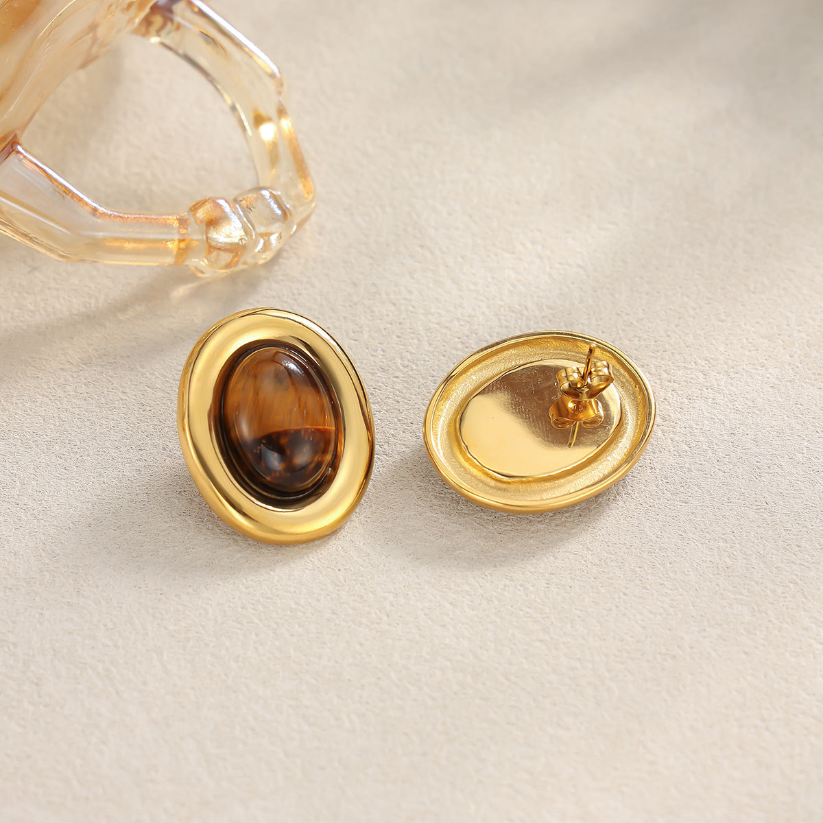Vintage 18K Gold Plated Stainless Steel Oval Tiger Eye Stud Earrings for Women
