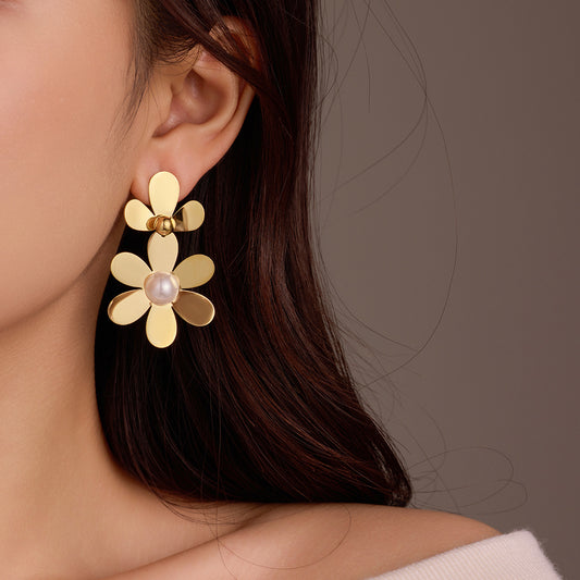 Vintage Petal-Shaped Stainless Steel Stud Earrings with Pearl Inlay and Tassel Detail for Women
