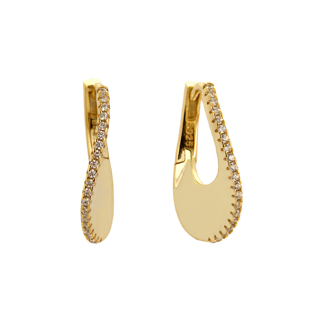 Elegant 925 Sterling Silver Geometric Inlay Diamond U-Shaped Hoop Earrings for Women