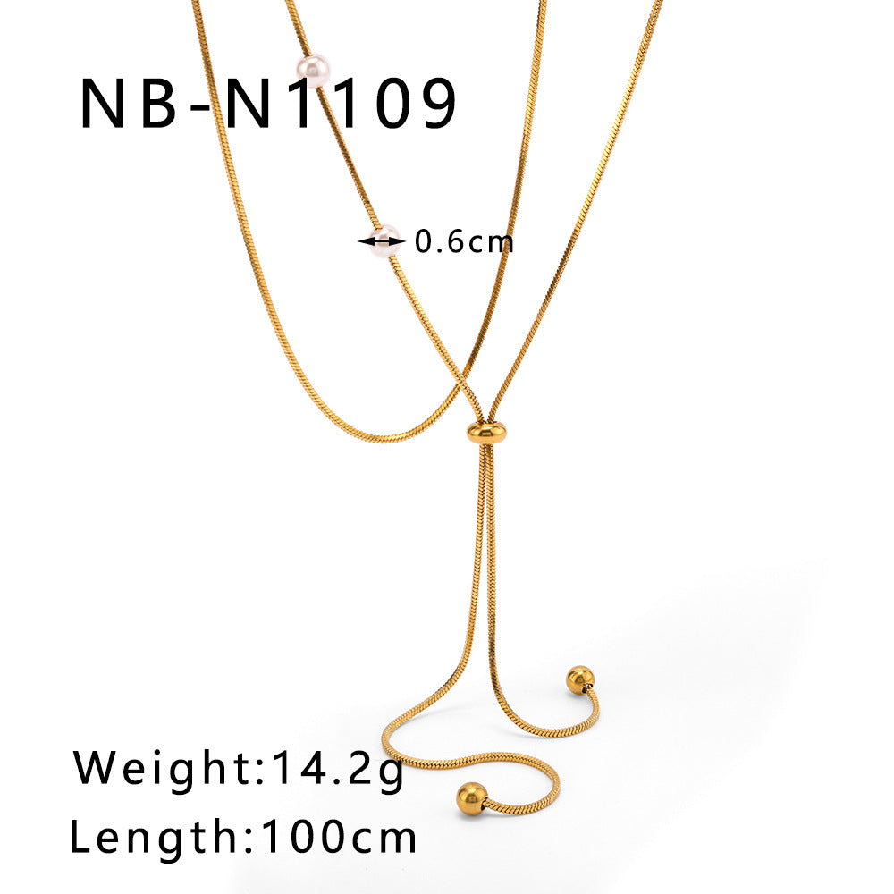 Minimalist Double-Layer Stainless Steel Necklace with 18K Gold-Plated Round Pendant and Adjustable Pearl Accent on O-Chain