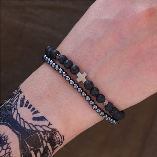 Fashion Geometric Hematite and Lava Stone Beaded Bracelet Set for Men and Women