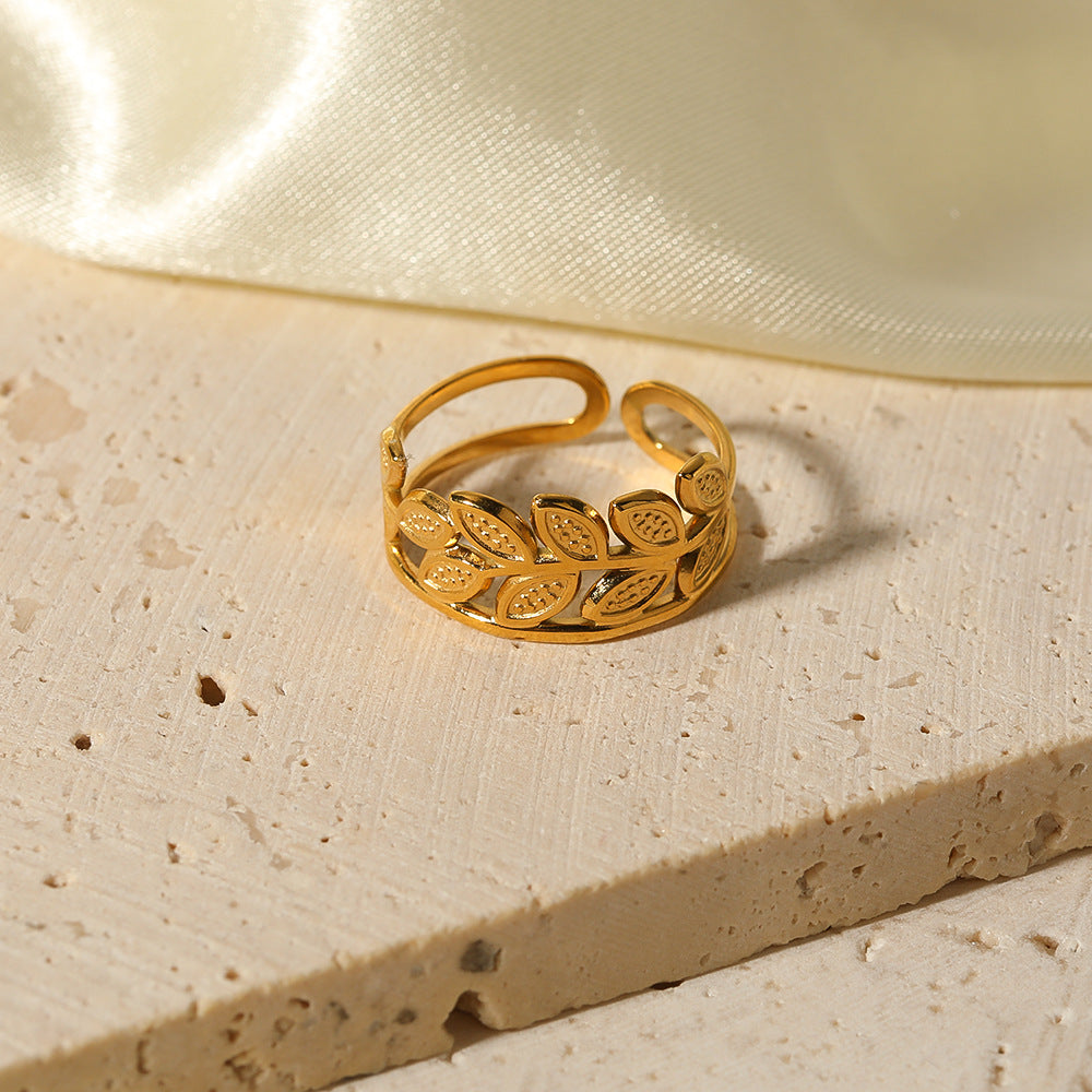 Minimalist Geometric Hollow Leaf Stainless Steel Ring with 18K Vacuum Plating for Women